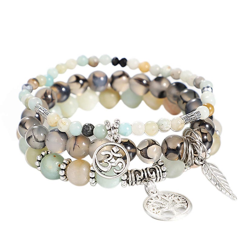 UEUC Tree of Life Yoga Leaf Jasper & Tibetan Agate Gemstone Bracelet, Multi-Layer Natural Stone Healing Chakra Beaded Bracelet, Energy Balance Friendship Bracelet Set - Image 1